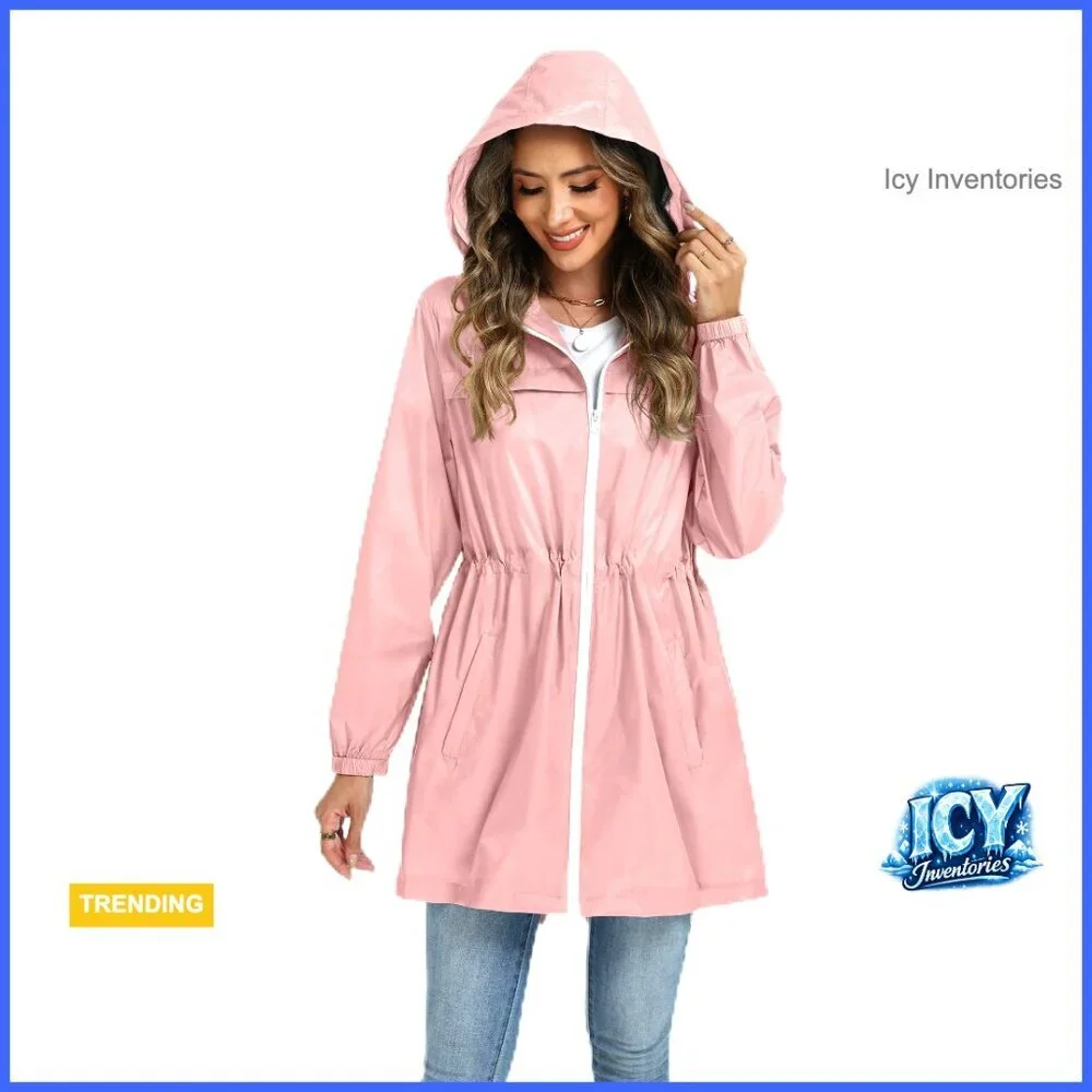 Waterproof Polyester Raincoat with Hood, Packable Lightweight Trench Coat